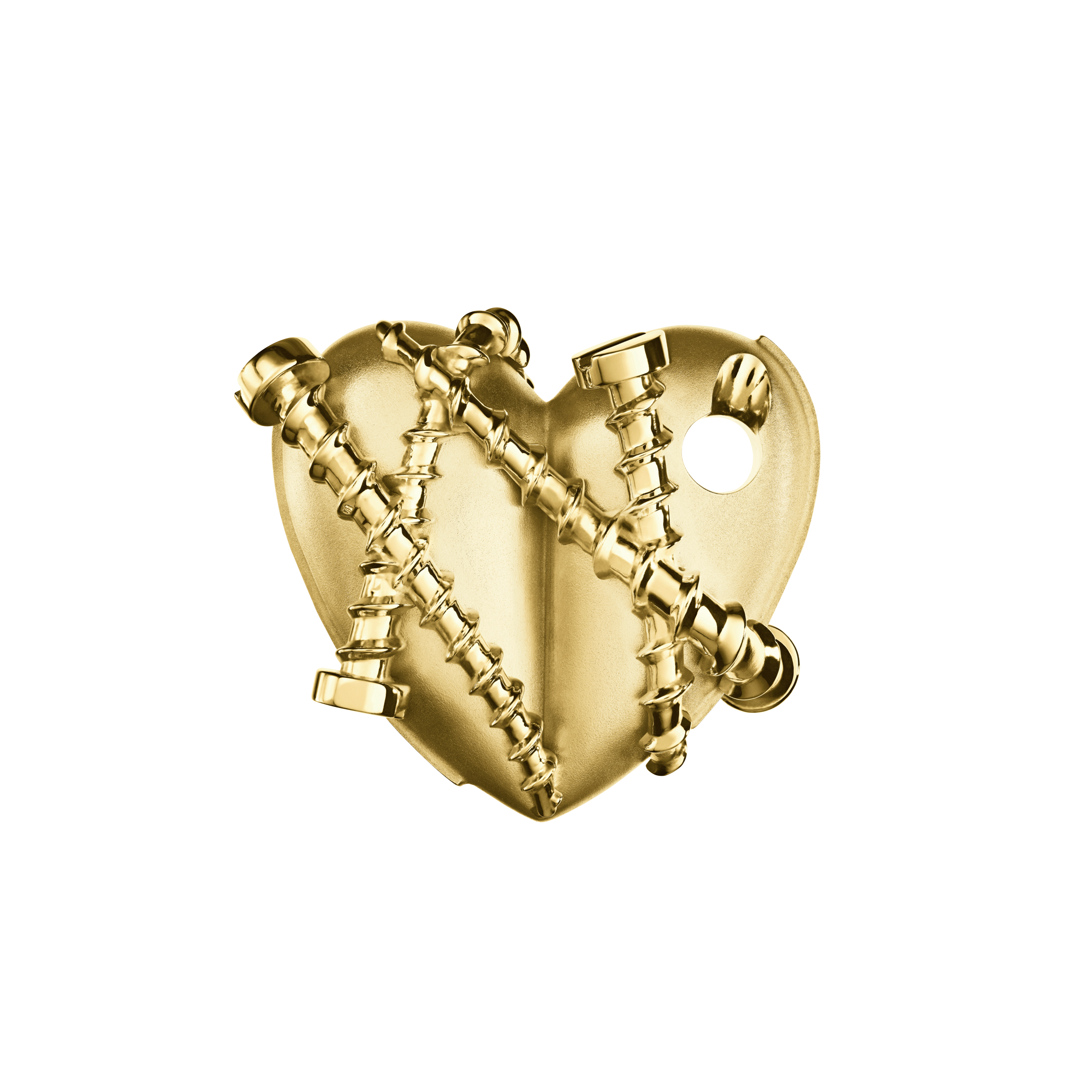 A detail of Bullet Hole Heart Pendant with Screws M in Yellow Gold
